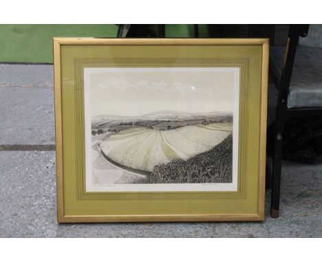 A LIMITED EDITION, 51/100, ETCHING OF A DORSET LANDSCAPE SIGNED ROBERT BARNES, 70CM X 62CM 