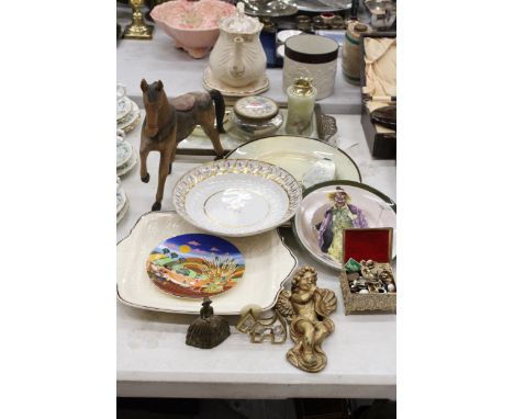 A VINTAGE PETIT POINT GALLERIED DRESSING TABLE TRAY AND TRINKET BOX, CABINET PLATES TO INCLUDE ROYAL DOULTON AND POOLE, A TRI