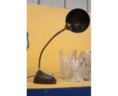 A VINTAGE ANGLEPOISE STYLE LAMP WITH A CAST IRON BASE AND A BRASS GOOSE NECK STEM 