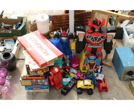 A LARGE ASSORTMENT OF CHILDRENS TOYS AND BOARD GAMES TO INCLUDE A ROBOT, CARS AND TROLLS ETC 