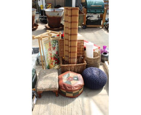 AN ASSORTMENT OF ITEMS TO INCLUDE WICKER BASKETS, FOOT STOOLS AND A TAPESTRY ETC 