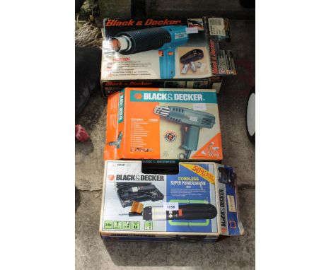 THREE POWER TOOLS TO INCLUDE TWO BLACK AND DECKER HEAT GUNS AND A BLACK AND DECKER SCREWDRIVER 