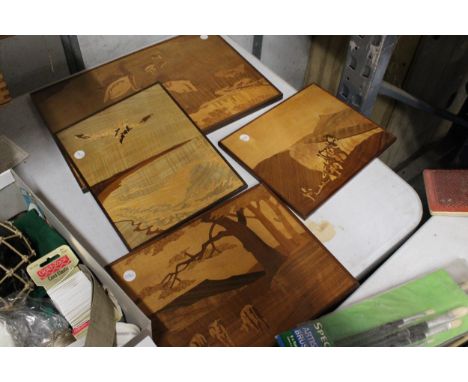 FOUR VINTAGE INLAID WOOD PICTURES OF BIRDS, CATTLE, HORSES 