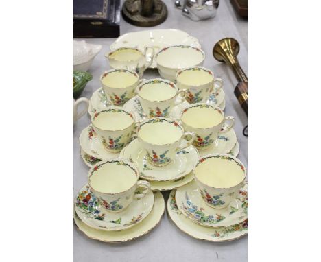 A VINTAGE CROWN STAFFORDSHIRE TEASET IN PALE YELLOW WITH FLORAL DECORATION TO INCLUDE, A CAKE PLATE, CREAM JUG, SUGAR BOWL, C
