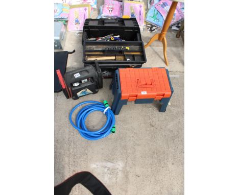 TWO TOOL BOXES WITH AN ASSORTMENT OF TOOLS TO INCLUDE A JUMP STARTER, SCREW DRIVERS AND SAWS ETC 
