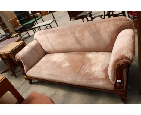 A VICTORIAN MAHOGANY CARVED SCROLL END SOFA ON SHORT CABRIOLE LEGS 