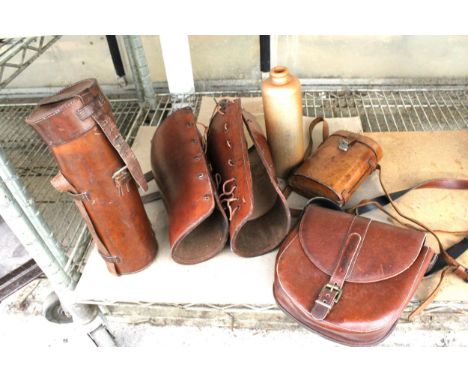AN ASSORTMENT OF VINTAGE LEATHER ITEMS TO INCLUDE THREE LEATHER CASES AND A STONWARE BOTTLE ETC 