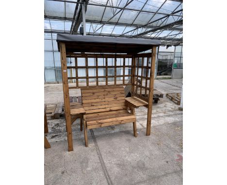 AN AS NEW EX DISPLAY CHARLES TAYLOR GARDEN ARBOUR WITH TWO SEATER BENCH AND CANOPY *PLEASE NOTE VAT TO BE ADDED TO THE HAMMER