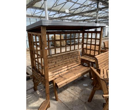 AN AS NEW EX DISPLAY CHARLES TAYLOR GARDEN ARBOUR WITH THREE SEATER BENCH *PLEASE NOTE VAT TO BE ADDED TO THE HAMMER PRICE OF