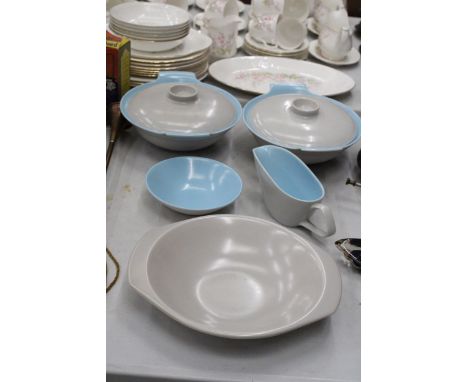 A QUANTITY OF POOLE POTTERY TWINTONE SKY BLUE AND DOVE GREY TO INCLUDE TWO TUREENS, SAUCE BOAT, SERVING BOWL AND DISH 