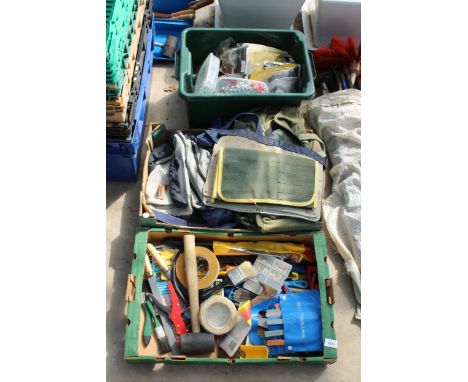 AN ASSORTMENT OF ITEMS TO INCLUDE TOOLS, BAGS AND HARDWARE ETC 