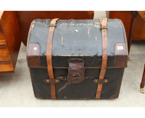 A VICTORIAN COMPRESSED FIBRE AND LEATHER DOMED TOP TRAVELLING TRUNK 