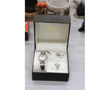 A ROTARY LADIES WRISTWATCH WITH MOTHER OF PEARL FACE AND METAL STRAP, TOGETHER WITH A PAIR OF EARRINGS IN A PRESENTATION BOX 