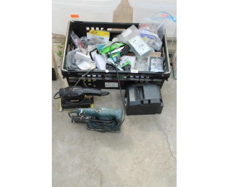 AN ASSORTMENT OF TOOLS AND HARDWARE TO INCLUDE ELECTRICAL SOCKETS AND TWO ELECTRIC SANDERS ETC 