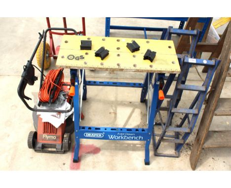 A PAIR OF METAL CAR RAMPS, A DRAPER FOLDING WORK BENCH AND A FLYMO ELECTRIC LAWN MOWER 
