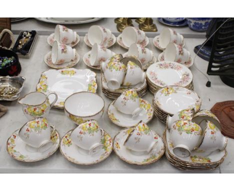 A QUANTITY OF VINTAGE TEA CUPS, SAUCERS, SIDE PLATES, A CREAM JUG, SUGAR BOWL AND CAKE PLATES TO INCLUDE ROSLYN CHINA AND COL