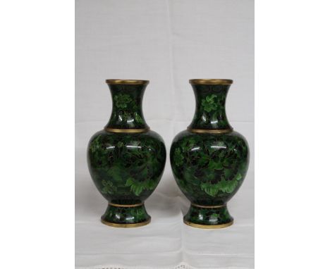 A PAIR OF CHINESE CLOISONNE ENAMEL LINGZHI LOTUS EMERALD GREEN VASES 