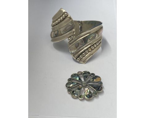 A MEXICO ALPACA BANGLE WITH MOTHER OF PEARL AND BROOCH 