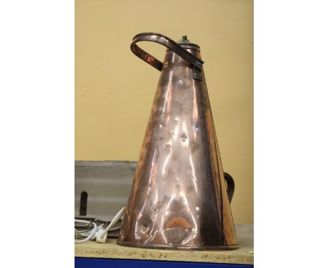 AN ARTS AND CRAFTS COPPER FLASK WITH HINGED BRASS LID AND COPPER HANDLE TO TOP AND SIDE 49 CM 