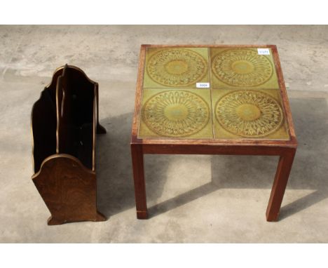 A RETRO TEAK TILED TOP LAMP TABLE AND TWO DIVISION MAGAZINE RACK 