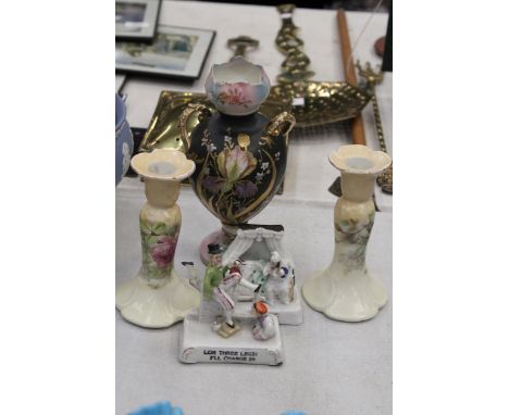 TWO GERMAN FAIRINGS TOGETHER WITH A PAIR OF FLORAL VINTAGE CERAMIC CANDLE HOLDERS AND A PORCELAIN VASE 