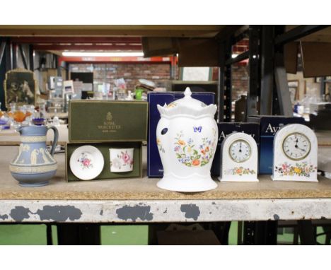 THREE PIECES OF BOXED AYNSLEY 'SOMERSET' AND 'COTTAGE GARDEN' TO INCLUDE TWO MANTLE CLOCKS AND A LARGE LIDDED JAR, A BOXED RO