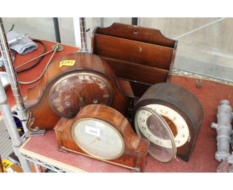 THREE VARIOUS MANTLE CLOCKS TO INCLUDE A WESTMINISTER CHIMING CLOCK AND AN OAK LETTER RACK ETC 
