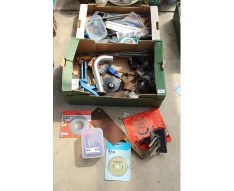 AN ASSORTMENT OF TOOLS TO INCLIUDE A WOOD VICE, A MEAT CLEAVER AND HACKSAWS ETC 