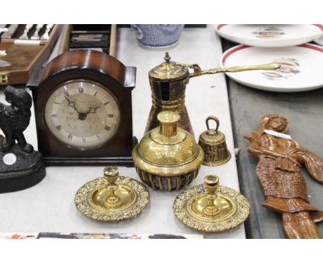 A MAHOGANY CASED BATTERY OPERATED MANTLE CLOCK, A LARGE HEAVY TEMPLE BELL, PAIR OF CANDLESTICKS, ETC 