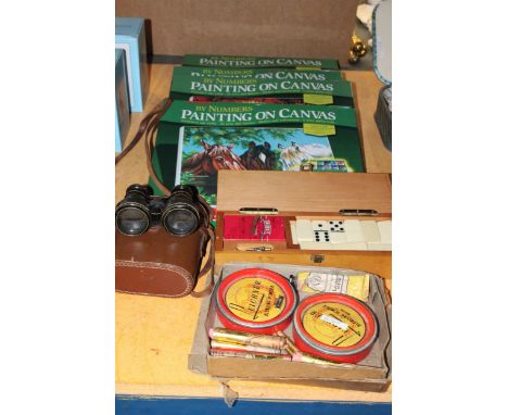 FOUR PAINTING BY NUMBERS SETS, A PAIR OF VINTAGE FIELD GLASSES, A BOXED CRIBBAGE SET TO INCLUDE DOMINOES AND PLAYING CARDS, P