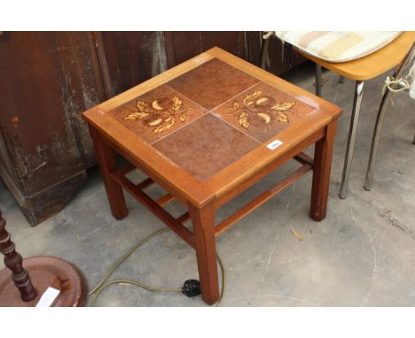 A RETRO TEAK LAMP TABLE WITH TILED TOP AND MAGAZINE SHELF, 19.5" SQUARE 