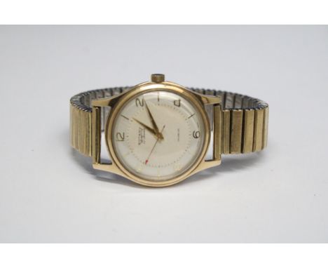 A VINTAGE 9 CARAT GOLD GENTS ROTARY 17 JEWELS WRIST WATCH WITH GOLD PLATED STRAP (ENGRAVED) 