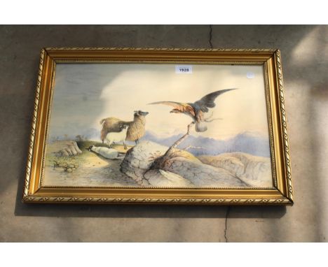 A GILT FRAMED TILE WITH A MOUNTAIN SCENE ON 