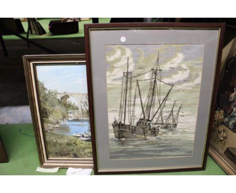 A FRAMED VINTAGE TAPESTRY OF A SHIP AT SEA PLUS A FRAMED OIL ON BOARD OF VIADUCT SCENE 