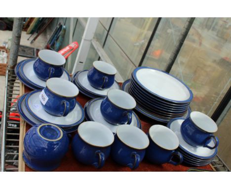 AN ASSORTMENT OF DENBY CERAMIC DINNER SERVICE ITEMS TO INCLUDE TRIOS, PLATES AND FURTHER CUPS ETC 