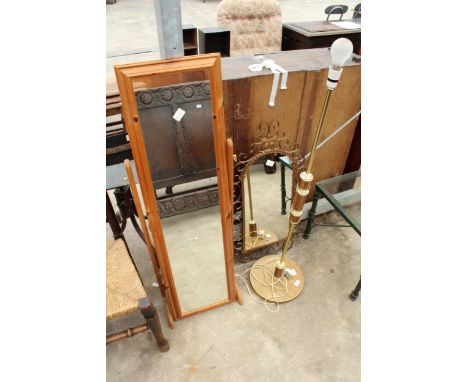 A PINE CHEVAL MIRROR, WROUGHT METAL FRAMED WALL MIRROR AND A 1970'S STANDARD LAMP 