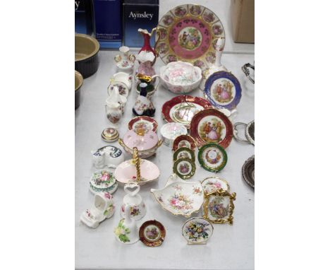 A LARGE QUANTITY OF CHINA AND PORCELAIN MINIATURE PLATES, VASES, TRINKET BOXES, TO INCLUDE LIMOGES, ETC, 