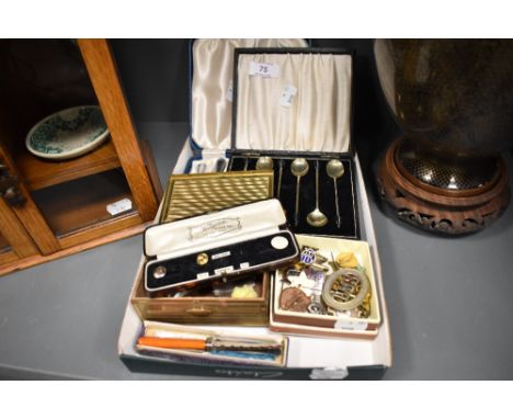 A selection of curios and trinkets including cocktail spoons, HM silver fruit knife, enamel pin badges etc.