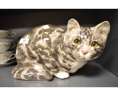 A Jenny Winstanley ceramic figure of a Tabby cat crouching, bearing signature to base. 32cm long.