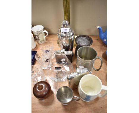 An assortment of cocktail items including Edinburgh crystal tumblers, dartington, brandy glass and a silver plated cocktail m