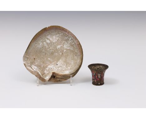 Iran, Qajar, a Qaylan enamel cup, 19th century and a mother of pearl decorated shell, ca. 1900; cup with decor of three portr