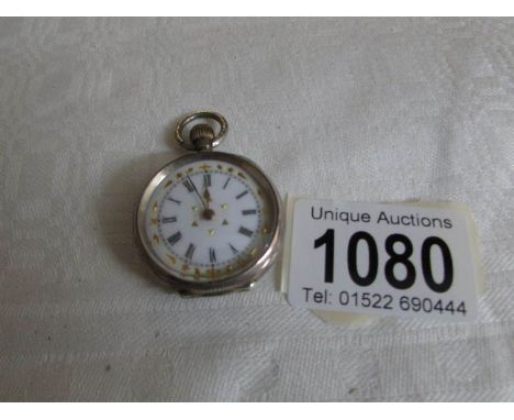 A ladies silver fob watch with enamel dial, not working