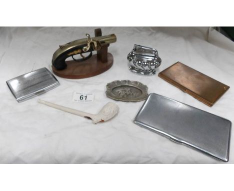 A mixed lot including pistol table lighter, one other table lighter, 3 cigarette cases, clay pipe etc