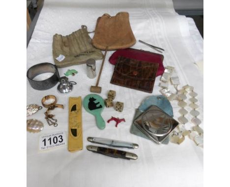 A miscellaneous lot including Deco compact, pen knives, mirror, purses etc