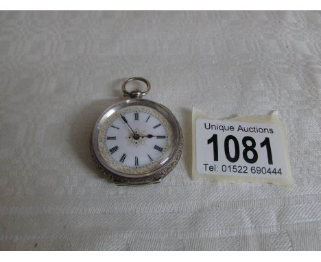 A ladies silver fob watch with enamel dial, not working