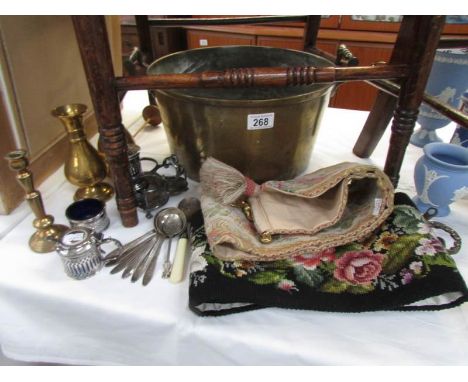 A mixed lot including brass jam pan, silver plate, tapestry bell pulls etc