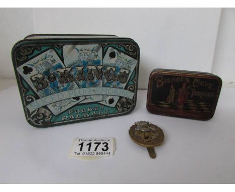 2 vintage tins and a York and Lancaster badge