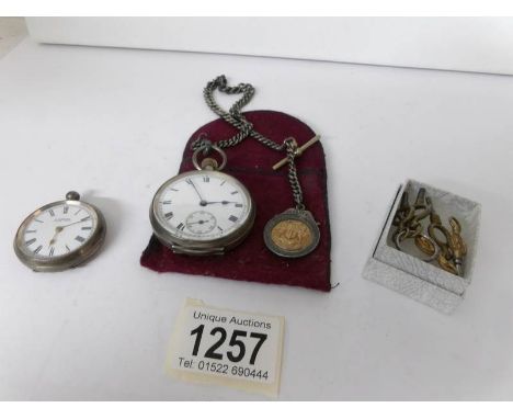 A silver pocket watch (requires attention) on silver chain and a ladies 800 silver fob watch with keys, a/f