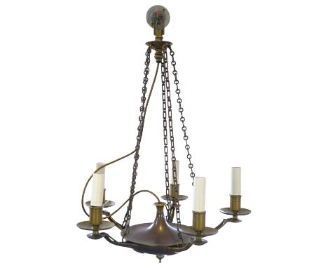 A French Empire style five light ceiling light in antique brass, early 20th century, wired, overall 68cm high, 48cm wide. Con