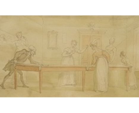 Manner of Thomas Rowlandson (1756-1827), satirical ink and watercolour, Gentleman playing snooker, unsigned, The Leicester Ga